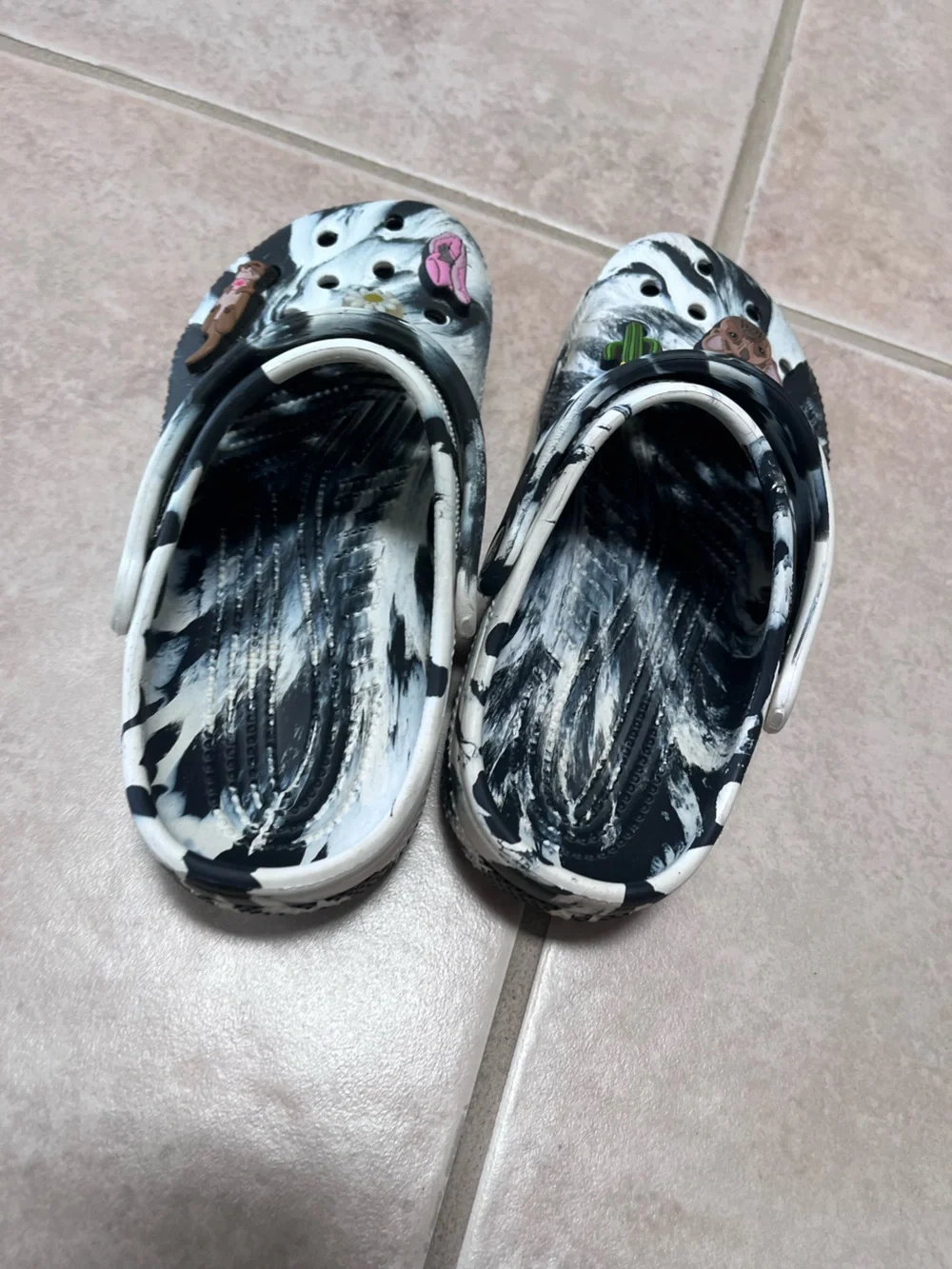 CROCS Kids Black & White Marble Clogs with Fun Charms